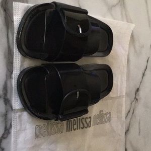 Melissa black patent leather slides, size 7